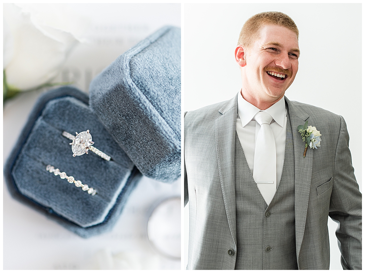A groom smiling and wedding rings styled at a wedding at The Eloise