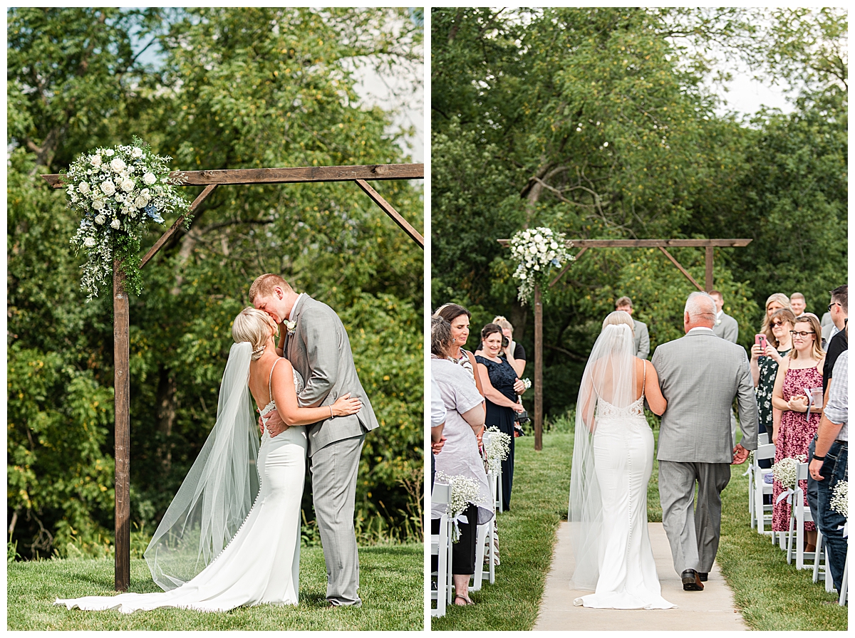 Bride and groom sharing their first kiss as husband and wife at an outdoor ceremony at The Eloise