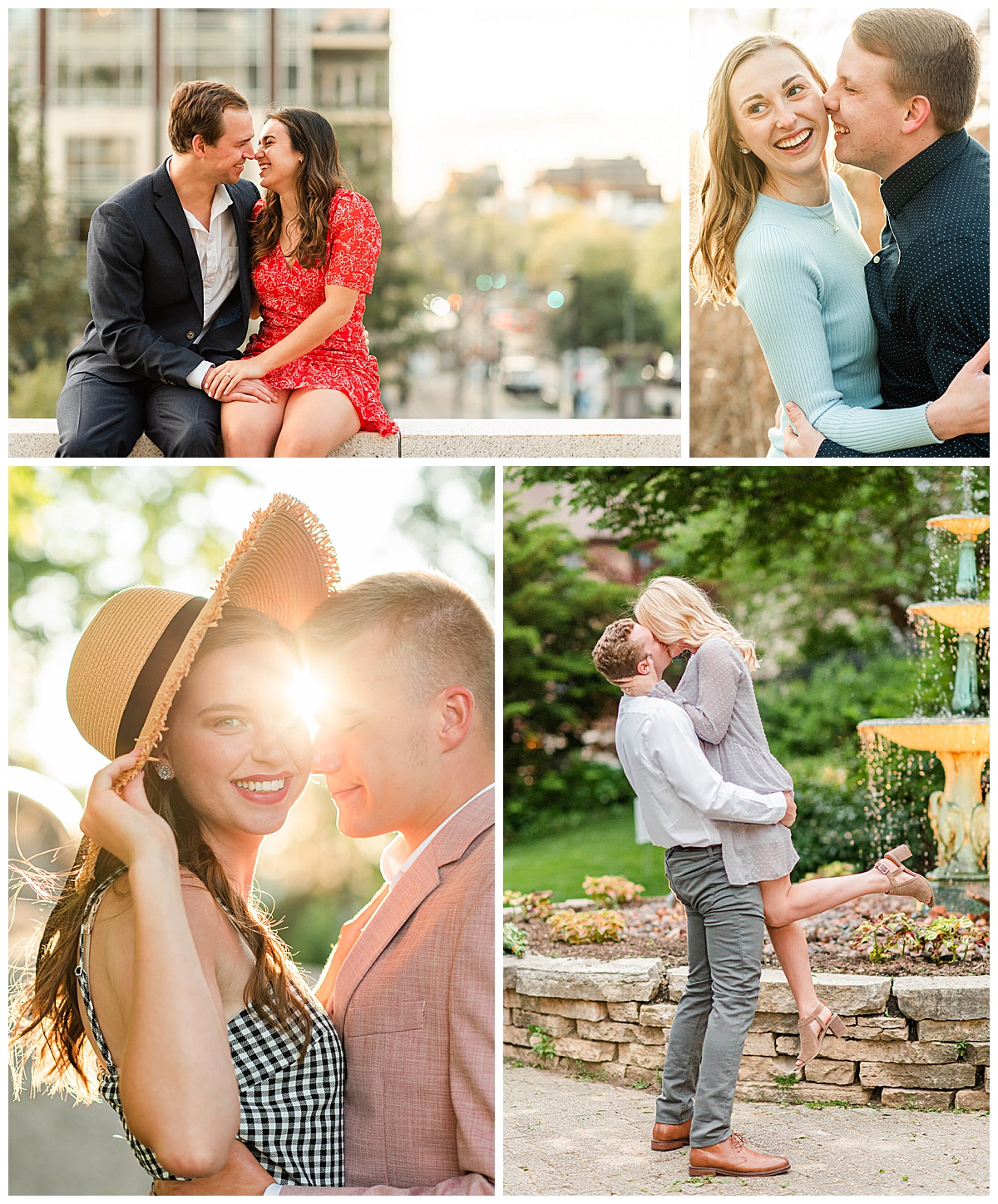 various couples taking engagement photos at golden hour