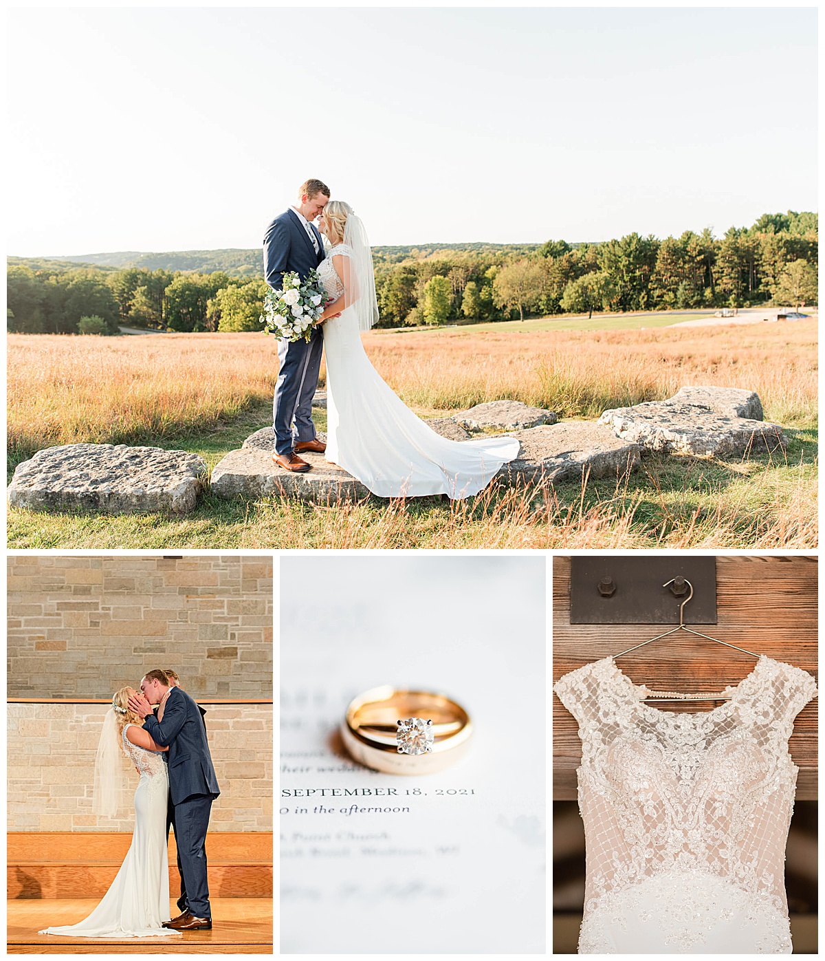a collage of photos from a high point church wedding in madison, wi