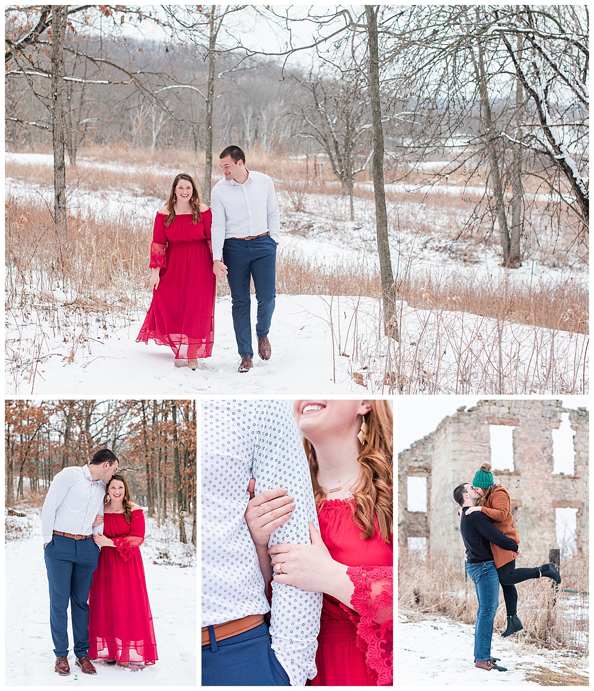 a couple taking wisconsin winter engagement photos at indian lake county park