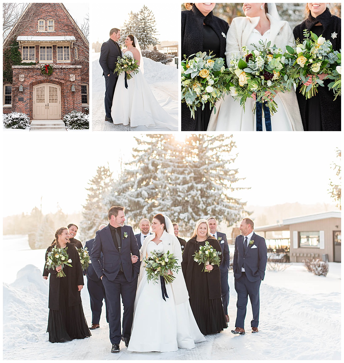 a collage of photos from a wisconsin winter wedding in kohler wi
