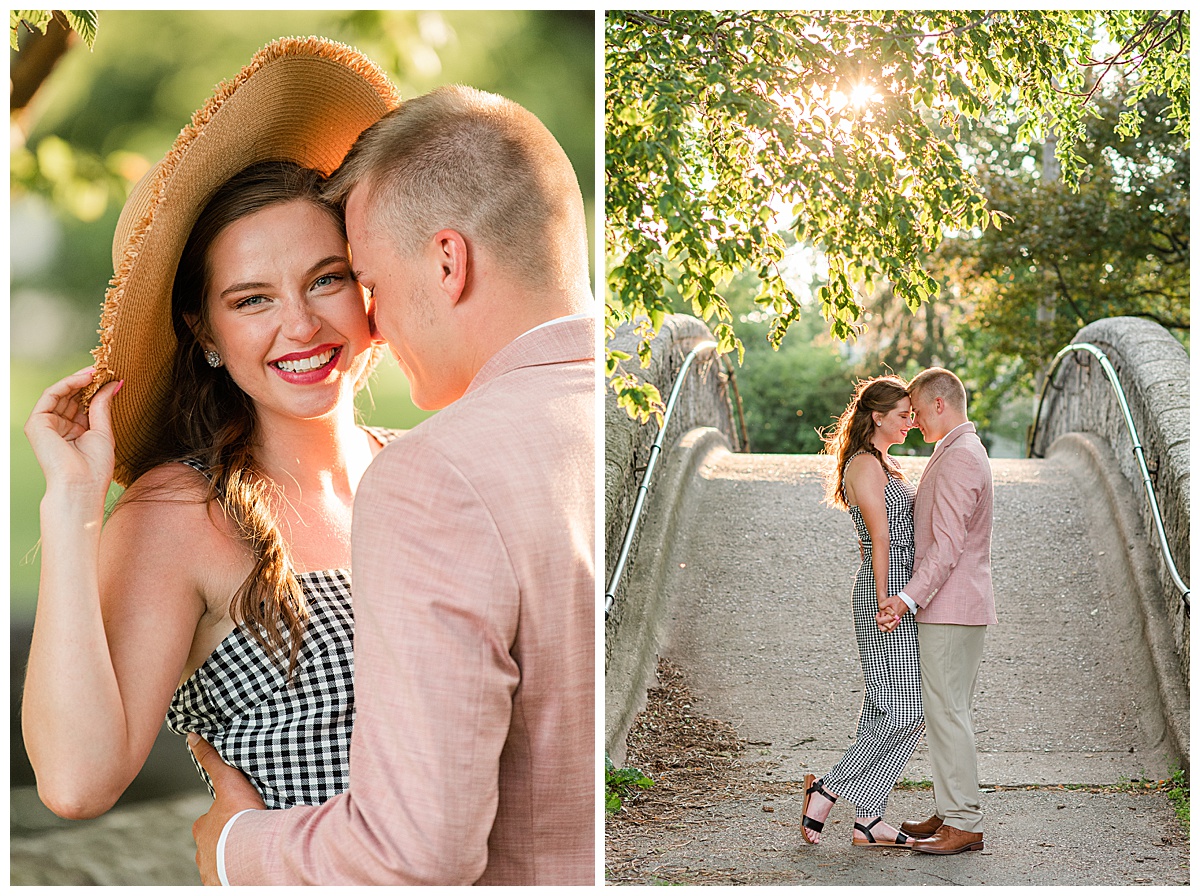 couple standing in front of the bridge at doty park in neenah for their engagement photos