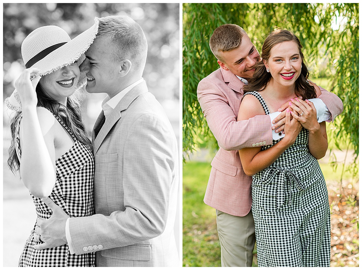 couple smiling, taking engagement photos in neenah by wisconsin wedding photographer, morgan madeleine photography