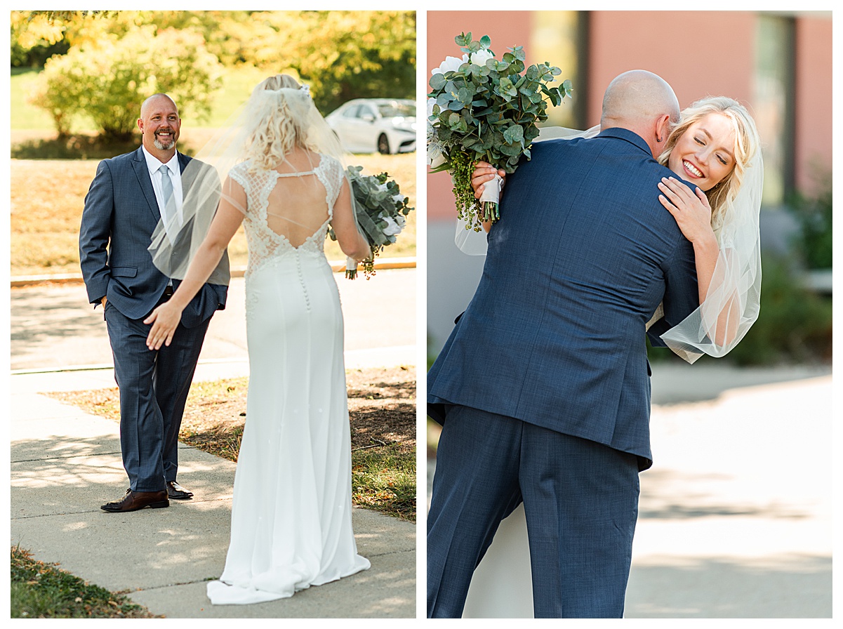 bride and father doing a first look and hugging at high point church in madison