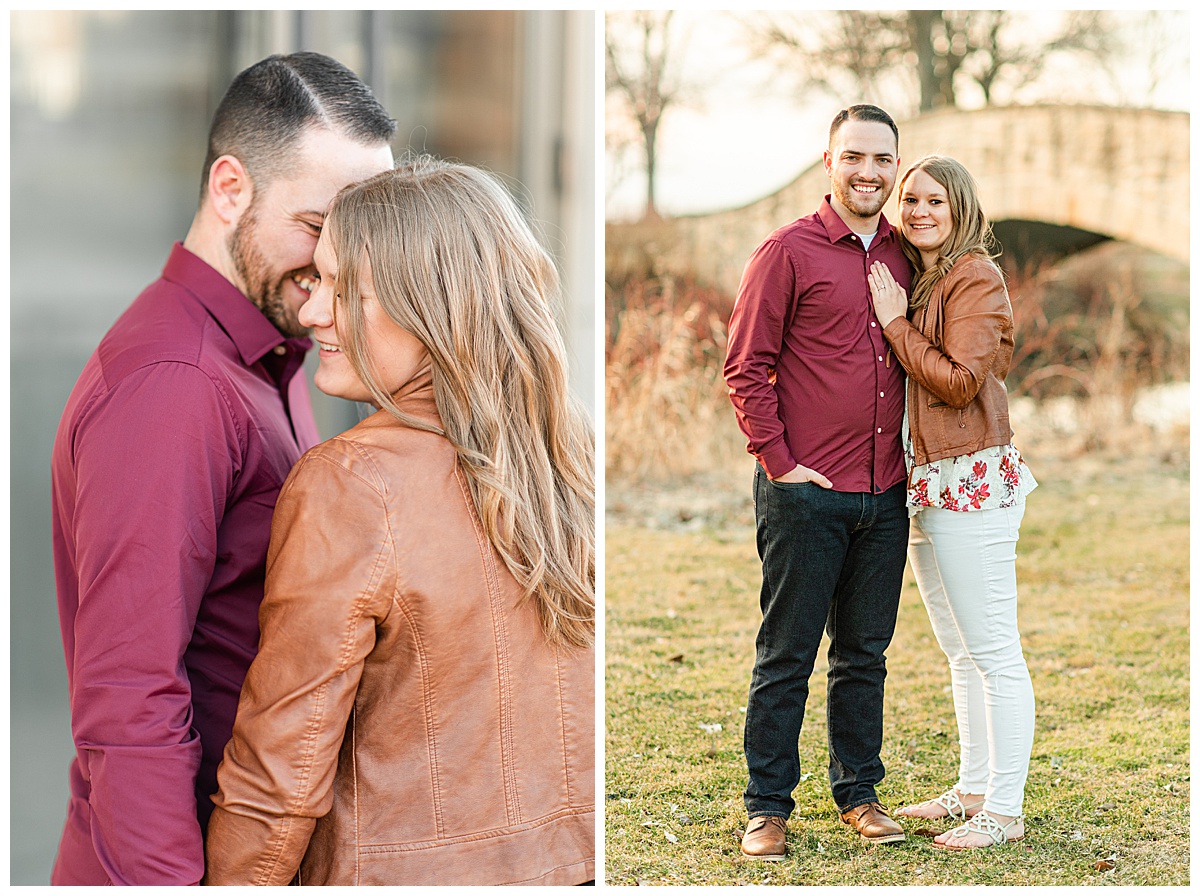 couple smiling at the camera at tenney park for their madison engagement photos