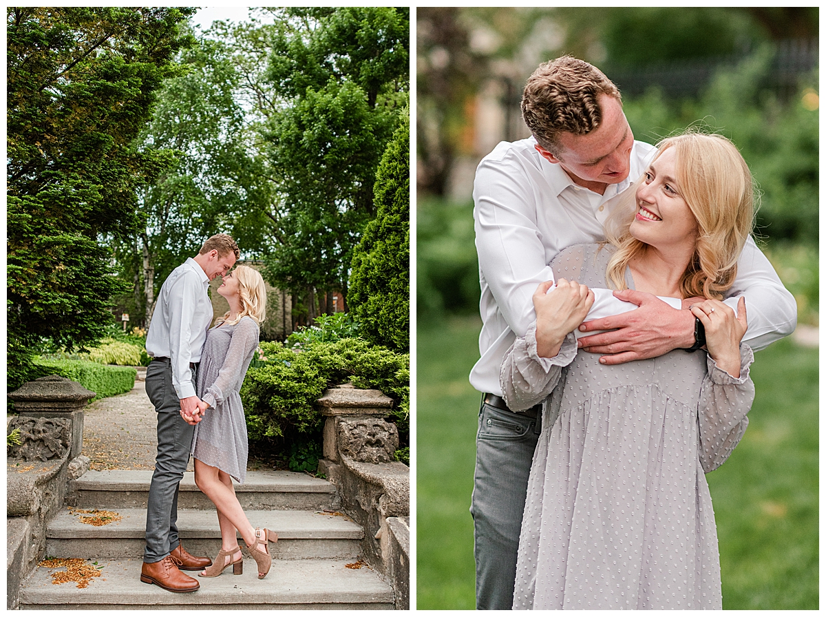 couple standing together at period garden park for their madison engagement photos