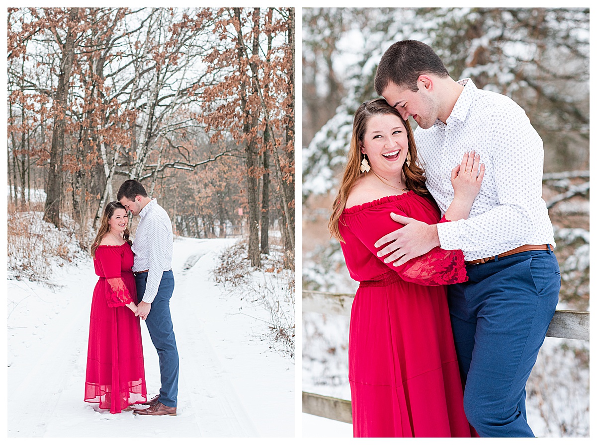 a couple smiling at each other taking wisconsin winter engagement photos with madison wedding photographer morgan madeleine photography