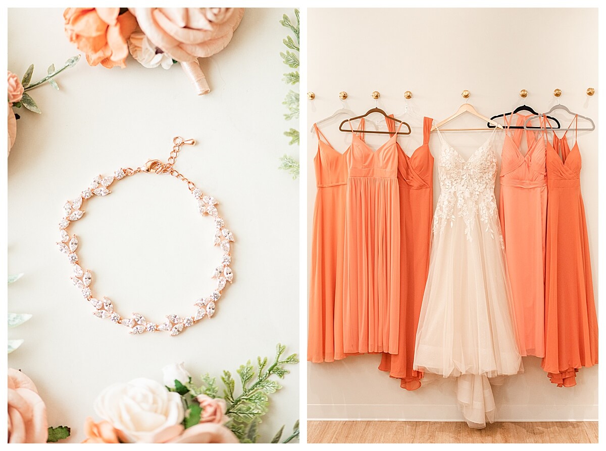 wedding and bridesmaid dresses hanging in bridal suite at the eloise