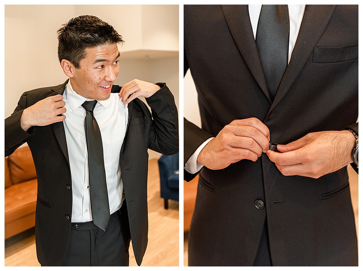 groom putting on his coat in the groom suite at the eloise wedding venue in mt horeb
