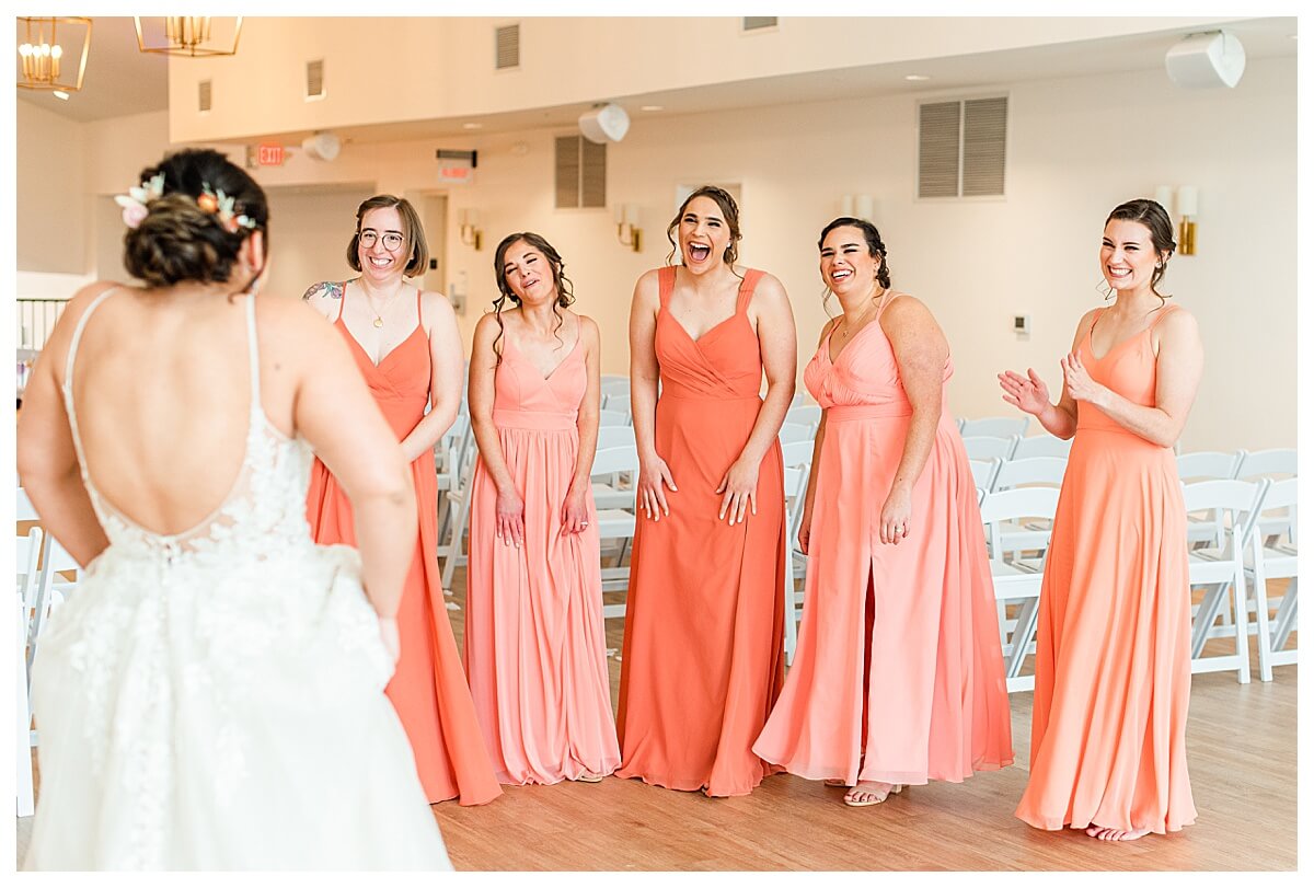bridesmaids reacting to seeing bride for the first time at the eloise in mount horeb wisconsin