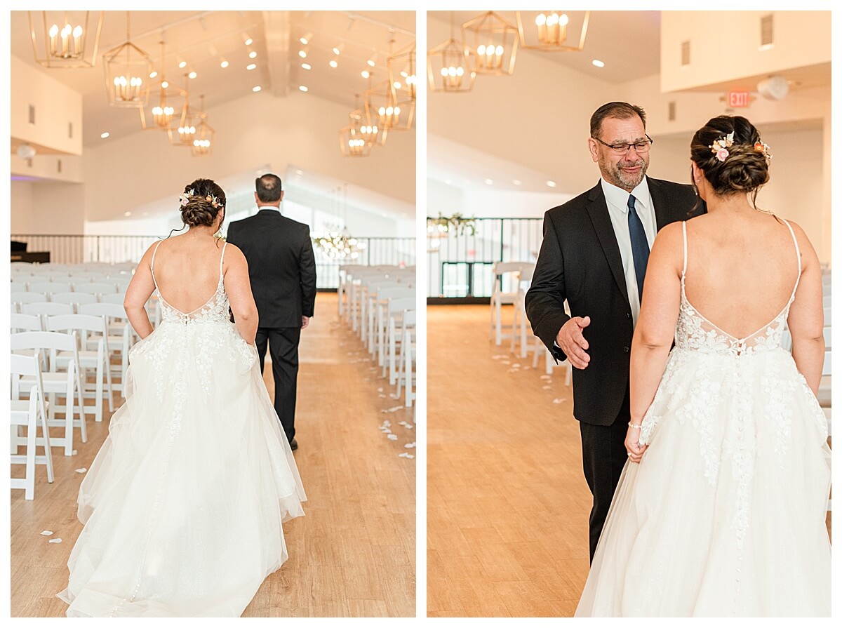 bride doing a first look with her dad at the eloise wedding barn venue