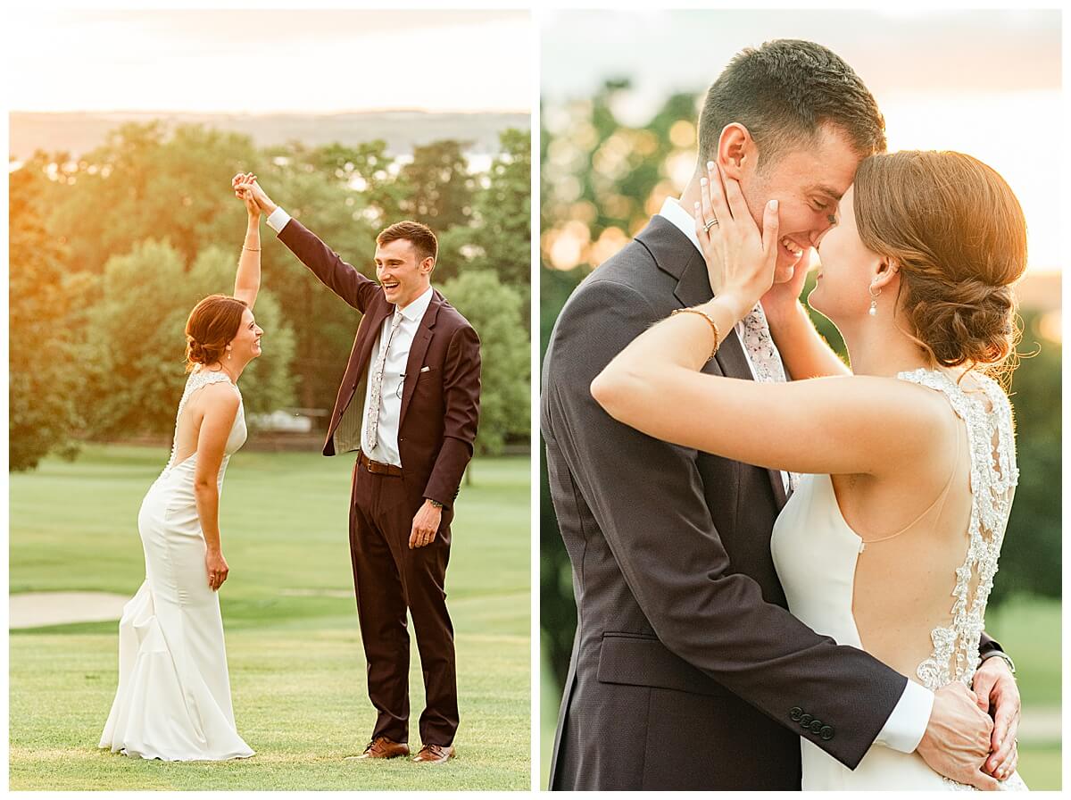 a bride and groom posing during sunset photos at blackhawk country club golf course