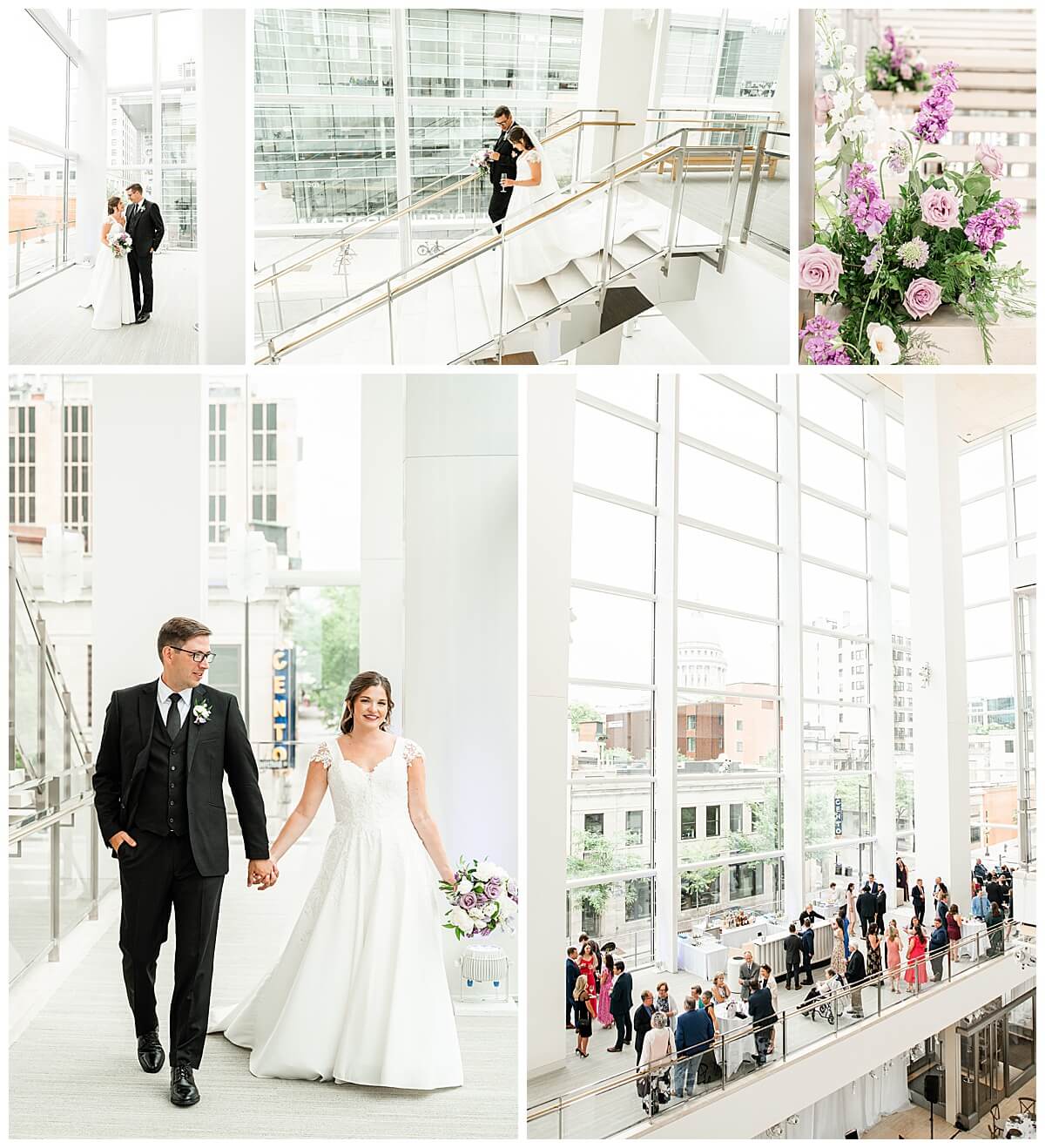 Collage of wedding photos from the Overture Center in Madison, featuring a crowd at cocktail hour, a bride and groom walking down the staircase, and flowers on the stairs