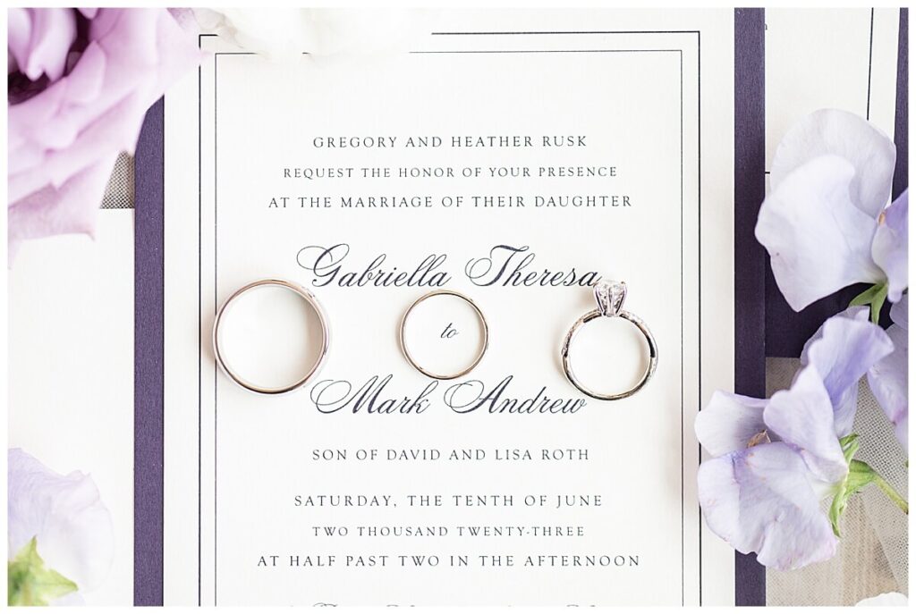 A wedding invitation with rings placed on top