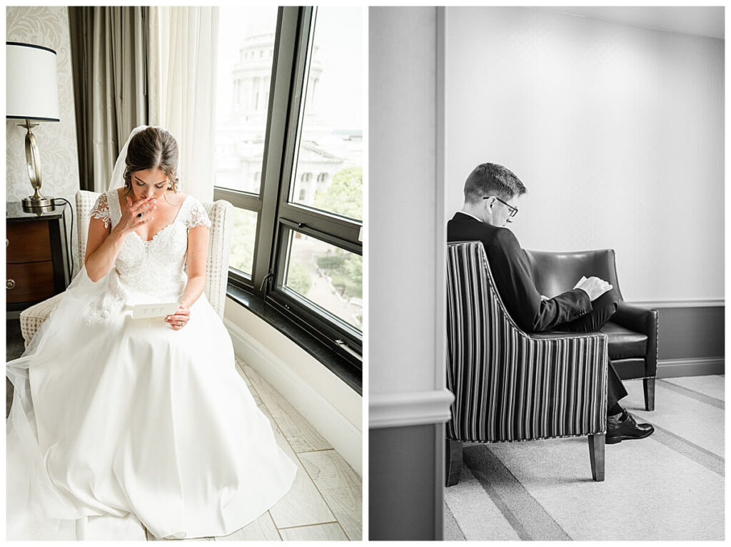 A bride and groom reading letters from each other on their wedding morning