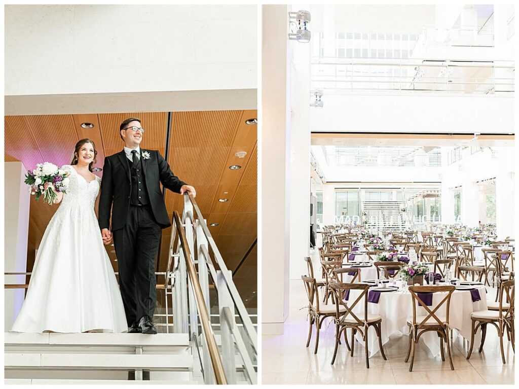 A bride and groom seeing their finished reception space for the first time at the Overture Center in Madison