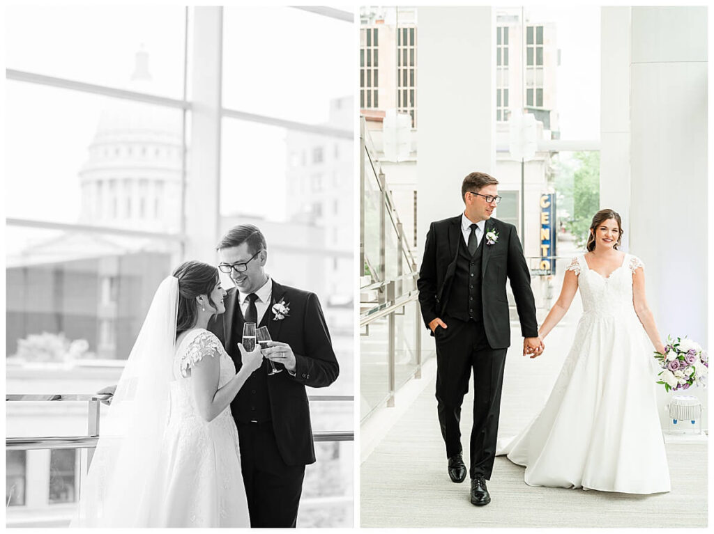A bride and groom celebrating their wedding at the Overture Center, with a view of the capitol building in Madison, Wisconsin