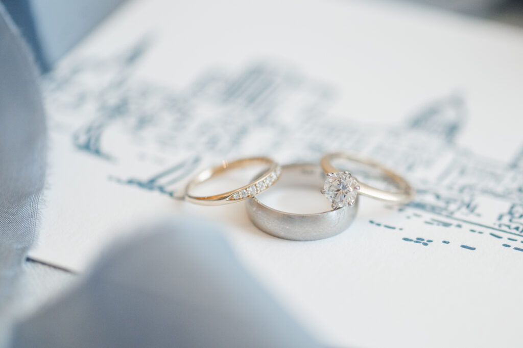 wedding rings displayed on an invitation showing the Madison capitol