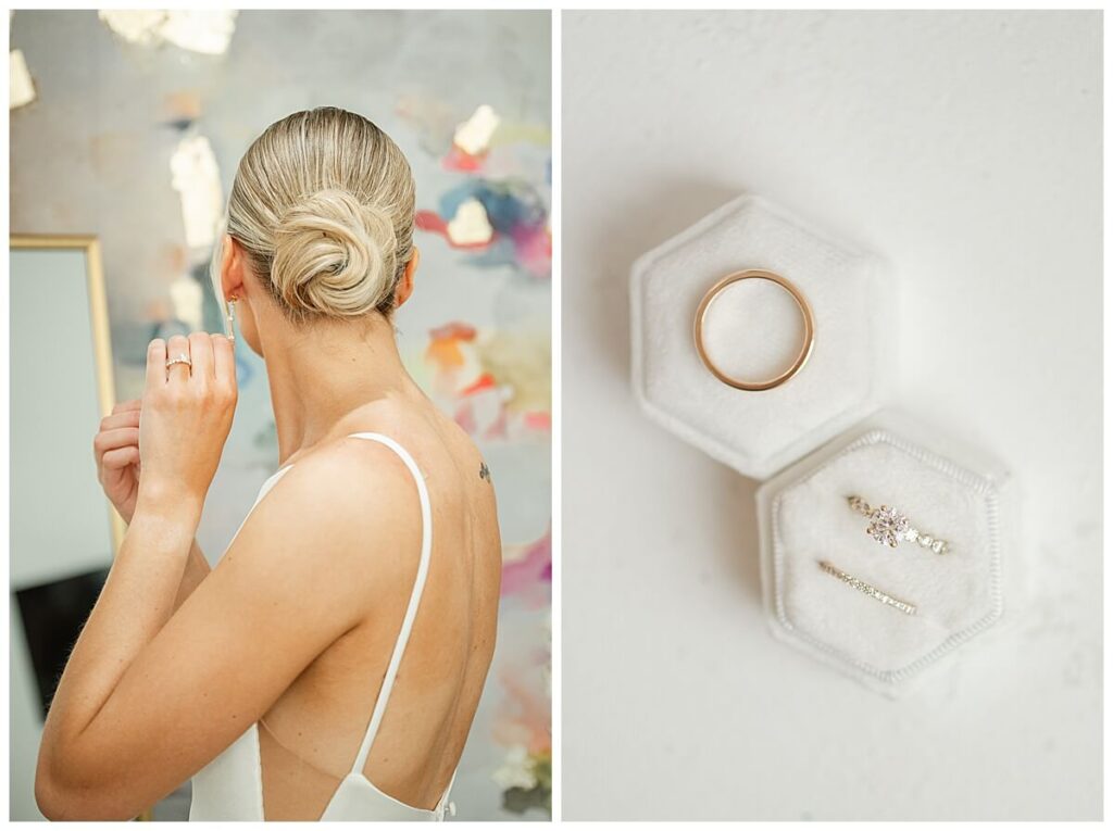 Bride getting ready in the bridal suite at The Eloise next to a photo of wedding rings