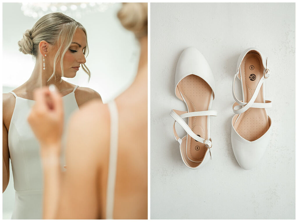 Bride getting ready next to a photo of wedding shoes