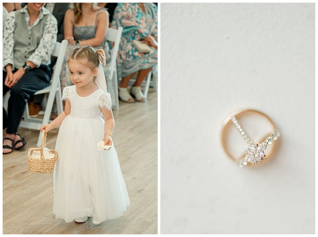 Flower girl walking down the aisle at The Eloise Wedding Venue in Mt Horeb next to a picture of wedding rings