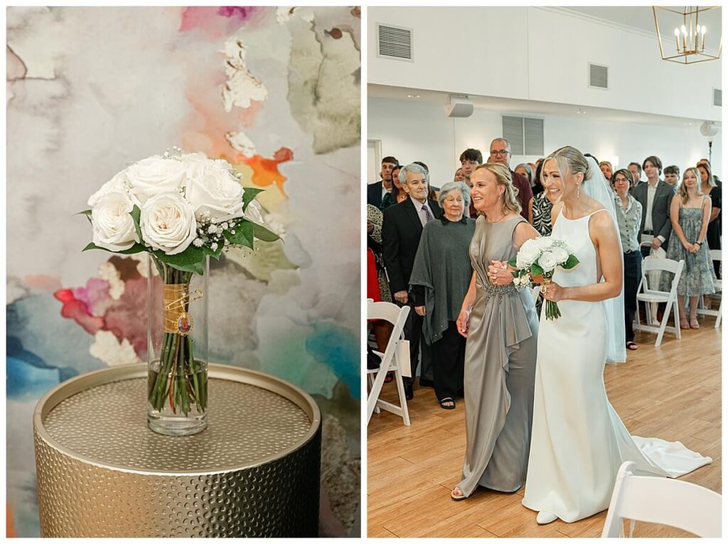 Bride smiling while walking down the aisle inside The Eloise Wedding Venue