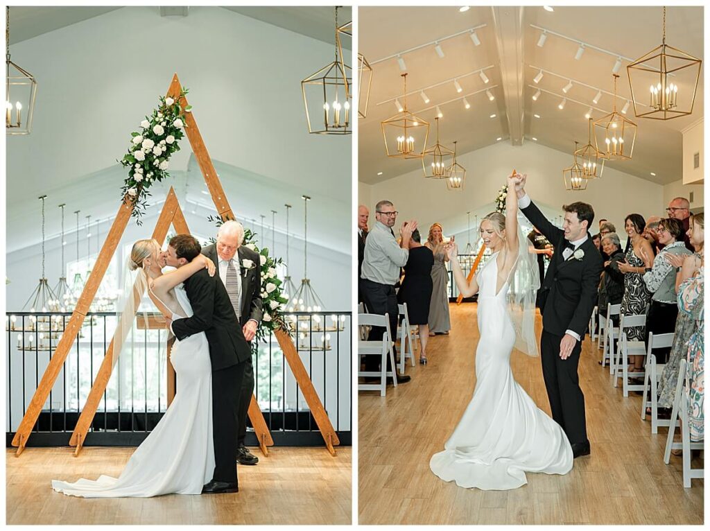 Couple’s first kiss during indoor ceremony at The Eloise Wedding Barn and couple twirling in the aisle