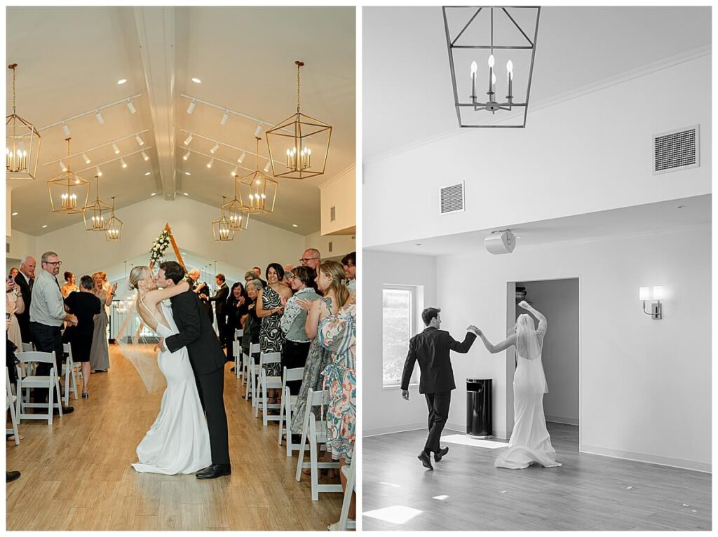 Bride and groom running joyfully up the aisle