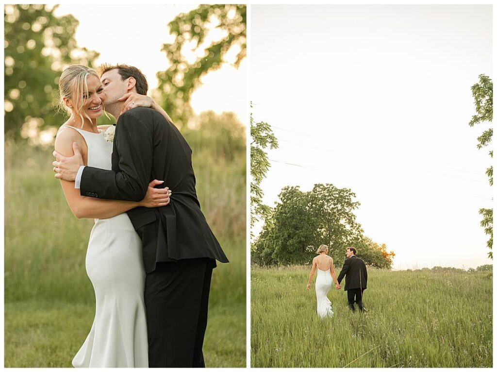 Bride and groom sunset portraits in fields outside a wedding venue near Madison, Wisconsin