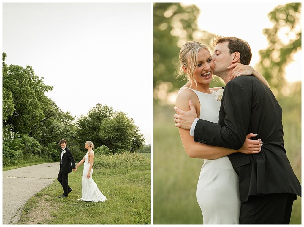 Bride and groom sunset portraits in fields outside Wisconsin wedding venue