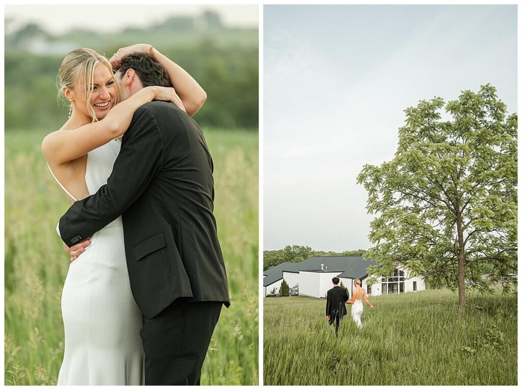 Couple walking hand-in-hand through the fields at The Eloise Wedding Barn