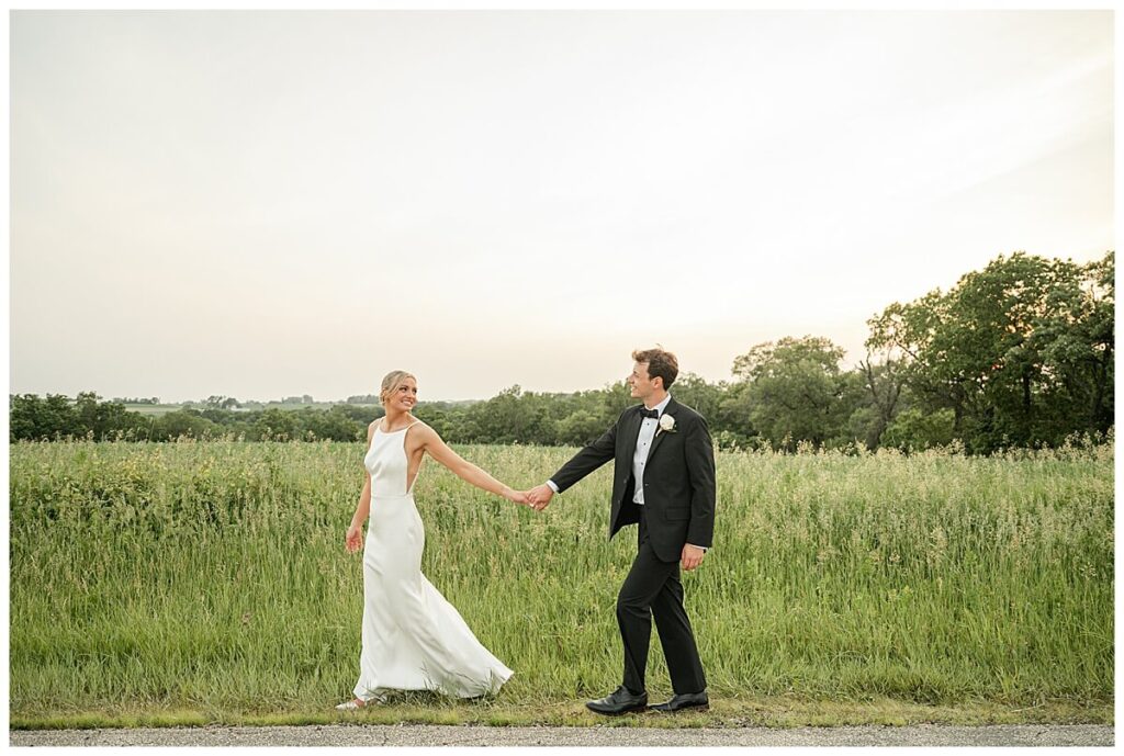 Bride and groom golden hour portraits at The Eloise Mt Horeb wedding venue
